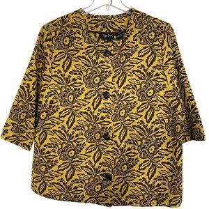 Maggie Barnes Yellow & Brown Floral Cotton Jacket with 3/4 Sleeves Size 2X